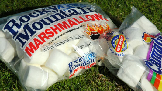 marshmallows in packages on lawn