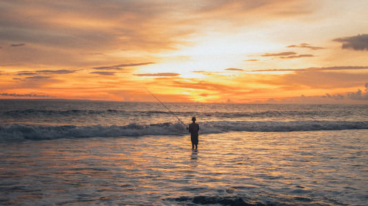man surf fishing at sunset standing in water